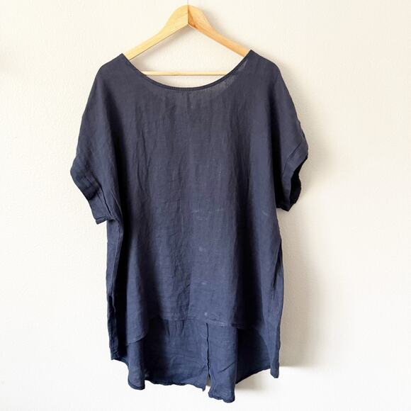 TERZO MILLENNIO | 100% Italian Linen Navy Blue Blouse Cap Sleeve Tunic | Size 1X - Picture 1 of 7